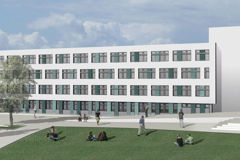 So soll nach Entwurf des Architekturbüros der Steintor-Campus mit Park entlang der Emil-Abderhalden-Straße aussehen (Entwurf: Reiner Becker Architekten)