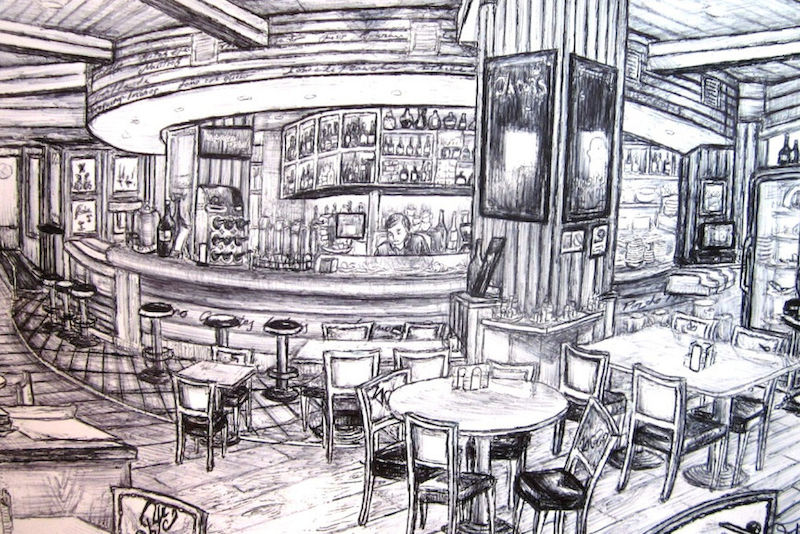 Das Cafe Jacobus in Santiago zeichnet sich durch seine ganz besondere Innenarchitektur aus: Alles ist aus Holz und der Tresen sowie der Deckenteil darüber haben die Form einer Mühle. Bild: Ramona Thomalla