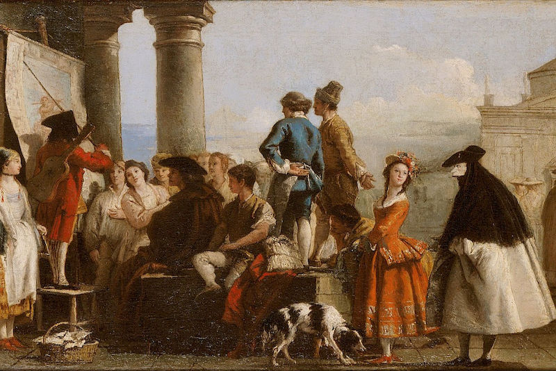 Figuren blicken uns an, werden angeblickt oder blicken auf etwas. Ein Beispiel für das "Visuelle" in venezianischen Gemälden. (Bild: Giandomenico Tiepolo, Der Bänkelsänger aus dem Jahr 1773, public domain via Wikimedia Commons)