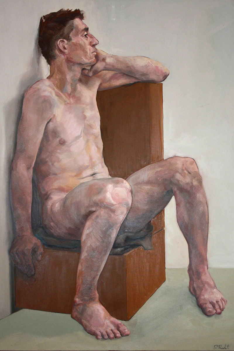 Das Bild „Sitzender“ Robert Rudat hängt im Fitness-Studio „studiFIT“-