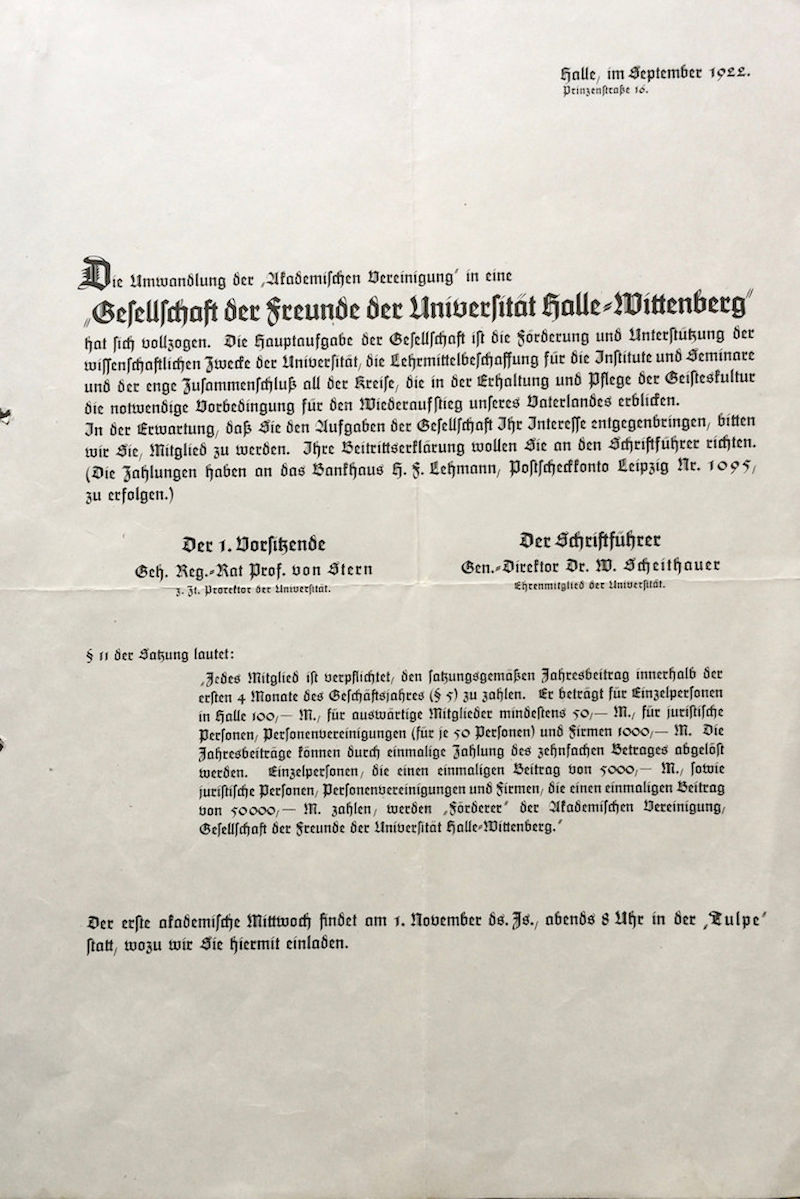 In einem Schreiben informiert die einstige „Akademische Vereinigung“ 1922 über ihre Umbenennung.