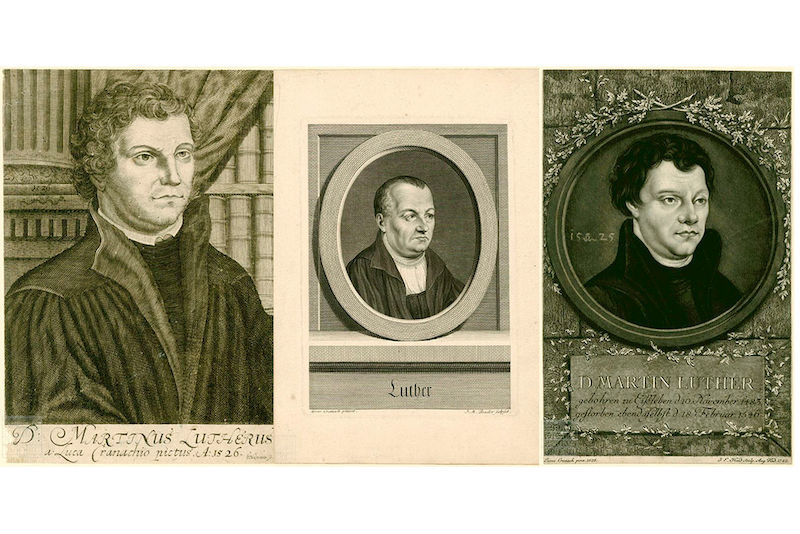 Drei Kupferstiche, die nach Luther-Porträts aus der Cranach-Werkstatt angefertigt wurden.