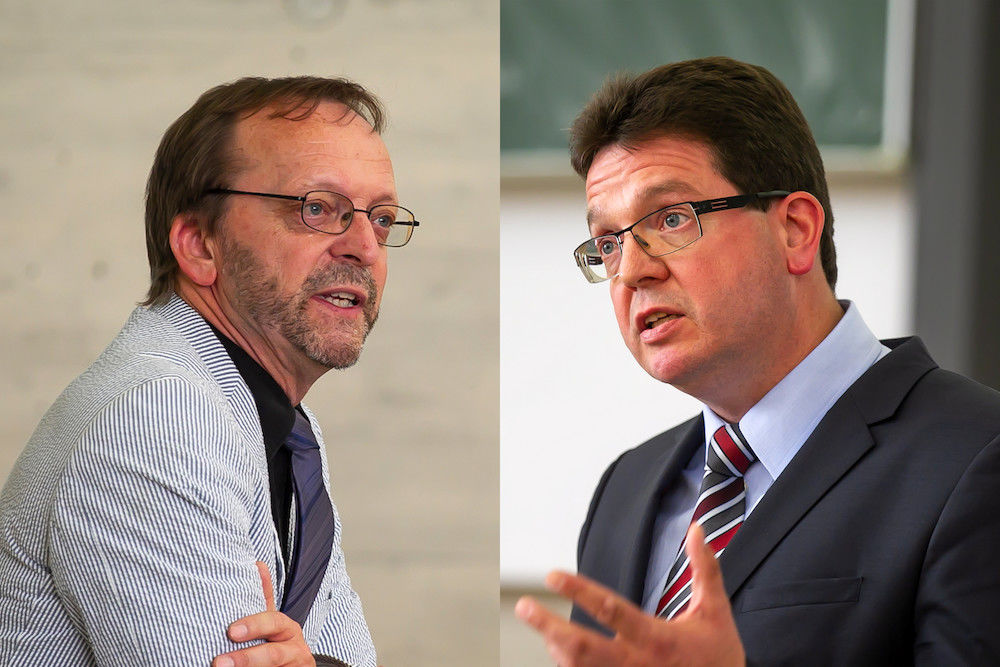 Prof. Dr. Georg Maas (li). und Prof. Dr. Christian Tietje stellen sich zur Wahl des Rektors.
