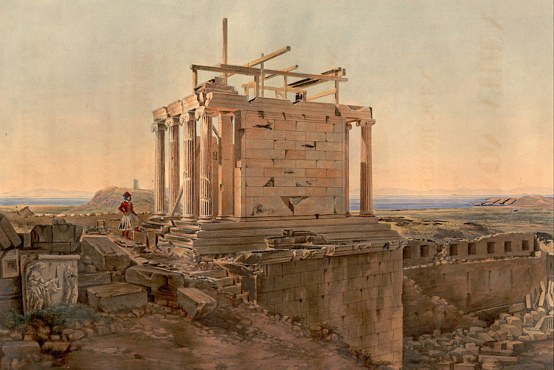 Wiederaufbau des Niketempels auf der Akropolis, Lithographie nach Christian Hansen aus der Publikation von Ludwig Ross (1839)
