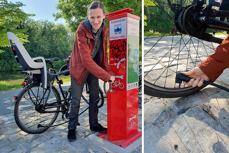 Frederik Bub macht sein Rad an einer der in Halle existierenden Fahrrad-Selbstreparaturstationen startklar.
